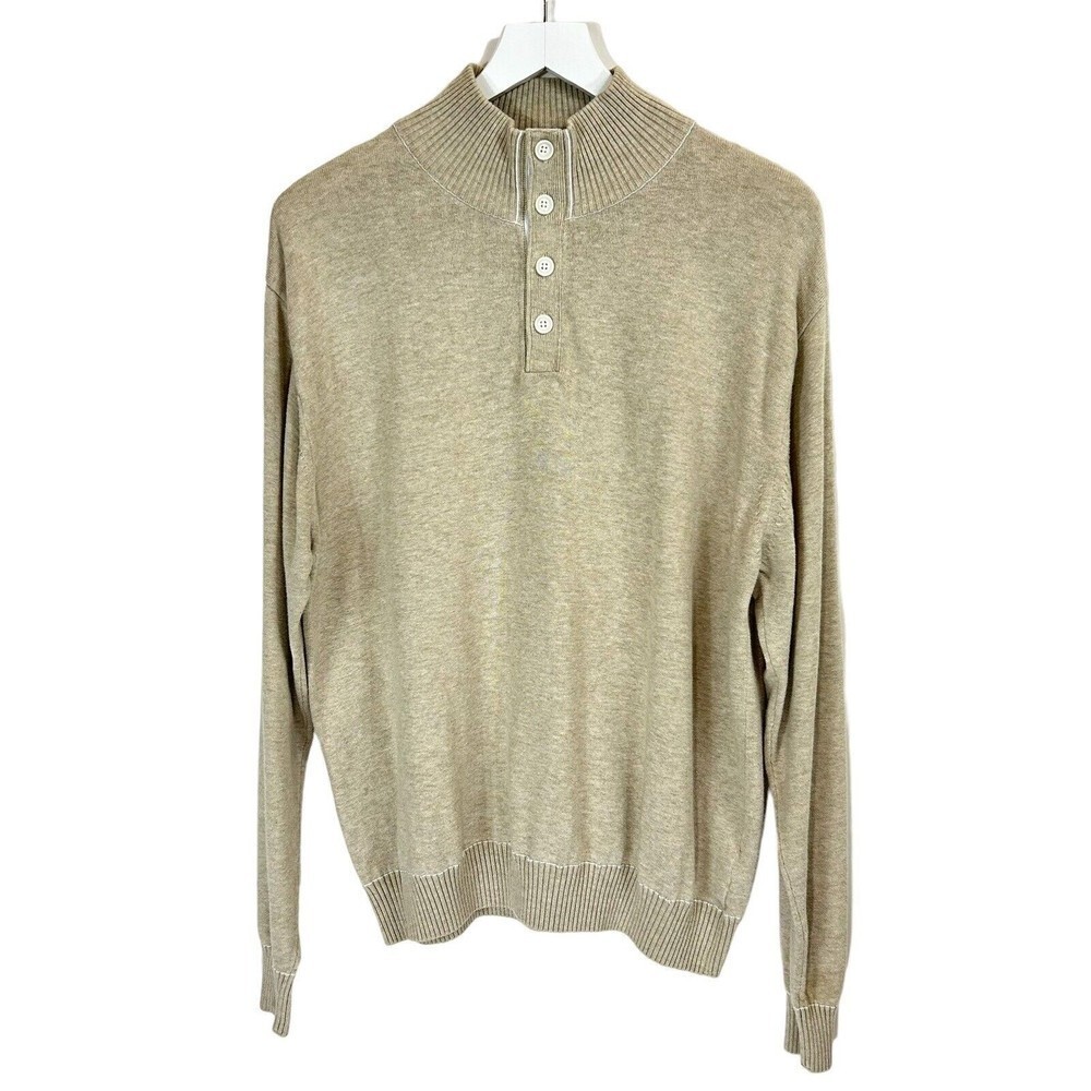 Alex Cannon Sweater Mens Large Beige Pullover 1/4 Button Rib Stand Collar Cotton